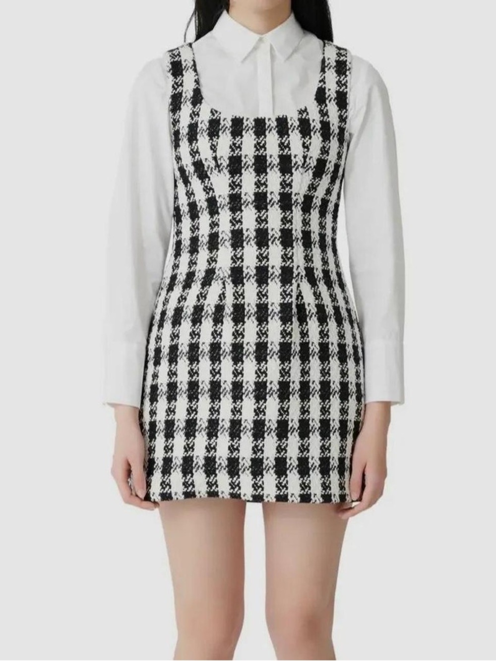 Maje Black & White Gingham Square-Neck Mini Dress